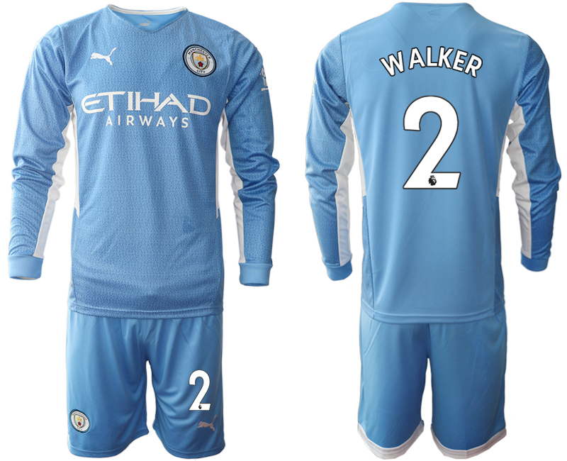 Men 2021-2022 Club Manchester city home Light blue Long Sleeve #2 Soccer Jersey